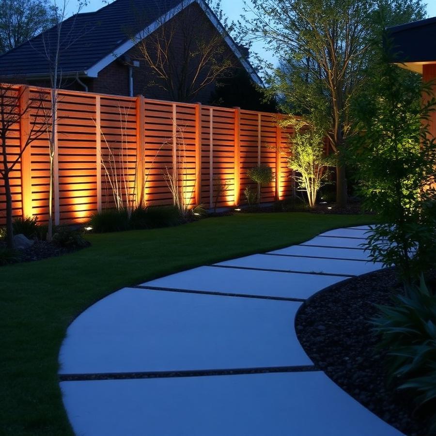 Slatted hardwood fencing with lighting